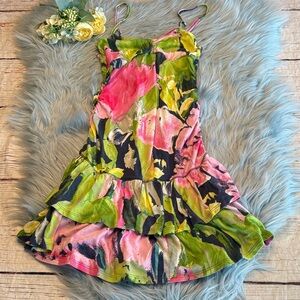 VINTAGE Gilly Hicks Pink and Green Floral Kids Tiered Mini Dress sz XS